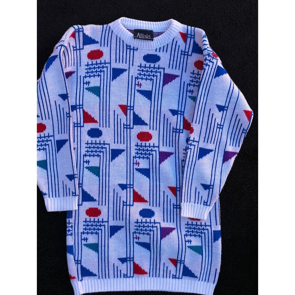 Vintage Allisia Geometric Abstract Knit Sweater Dress White Blue 80s Retro Tunic
